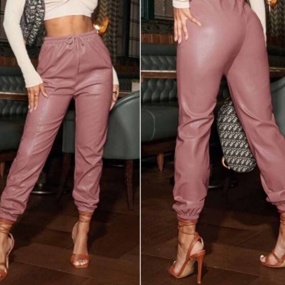 Pink Faux Leather PU jogger pants - Picture 2 of 9